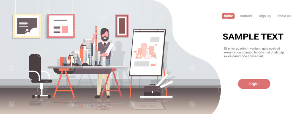 معمار مرد با تراز در حال کار بر روی مدل جدید ساختمان در پروژه برنامه‌ریزی شهری