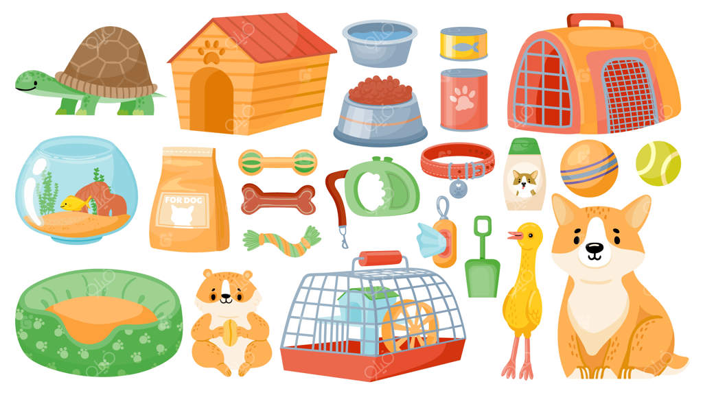غذا، لوازم جانبی و وسایل نگهداری حیوانات کارتونی - اسباب بازی و تشویقی‌ها. ملزومات فروشگاه حیوانات، قلاده، وسایل آرایشی سگ، قفس همستر و مجموعه‌ای از آکواریوم‌ها. فروشگاهی با محصولات برای لاک‌پشت و ماهی