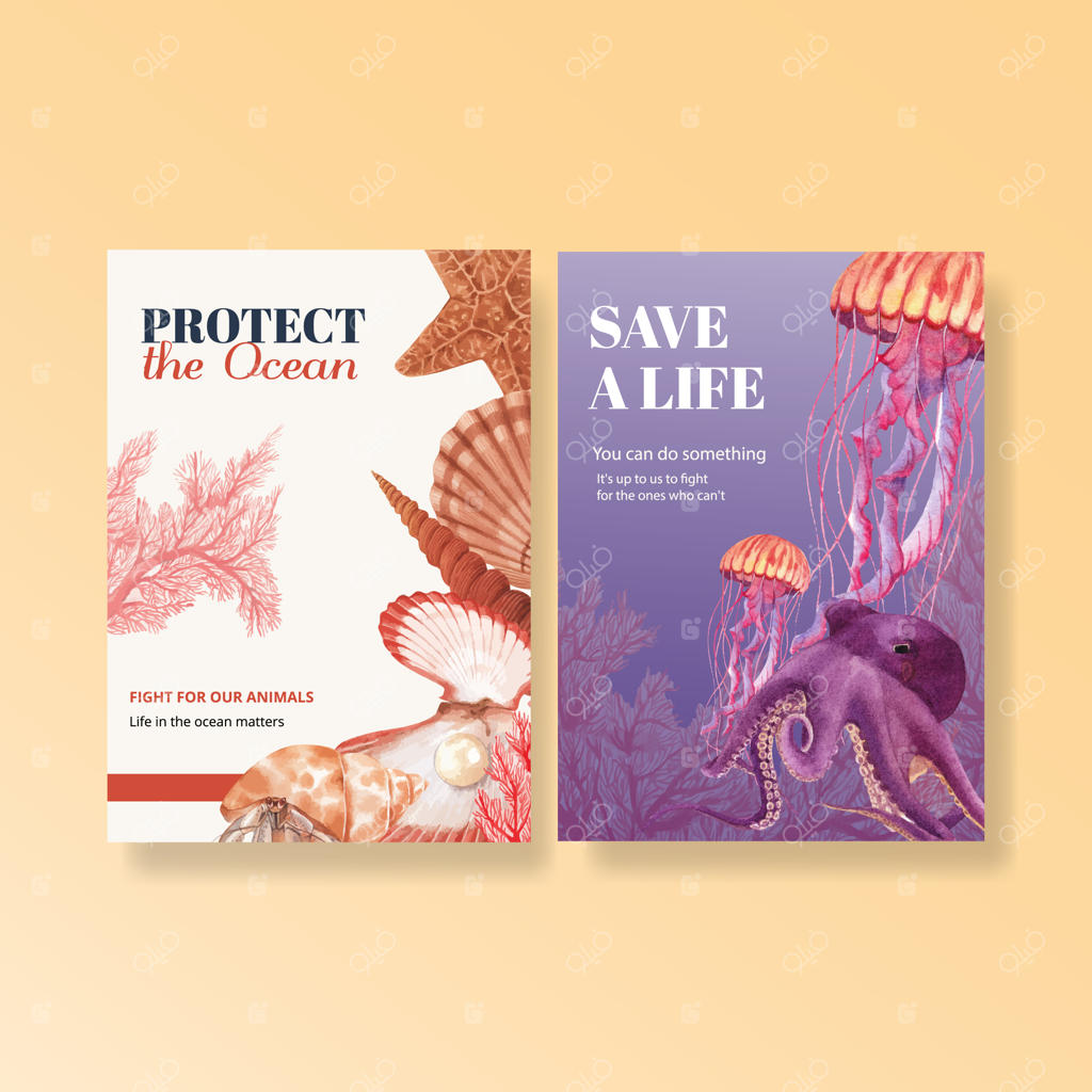 کارت تشکر با طراحی جانوران دریایی و نقاشی آبرنگی