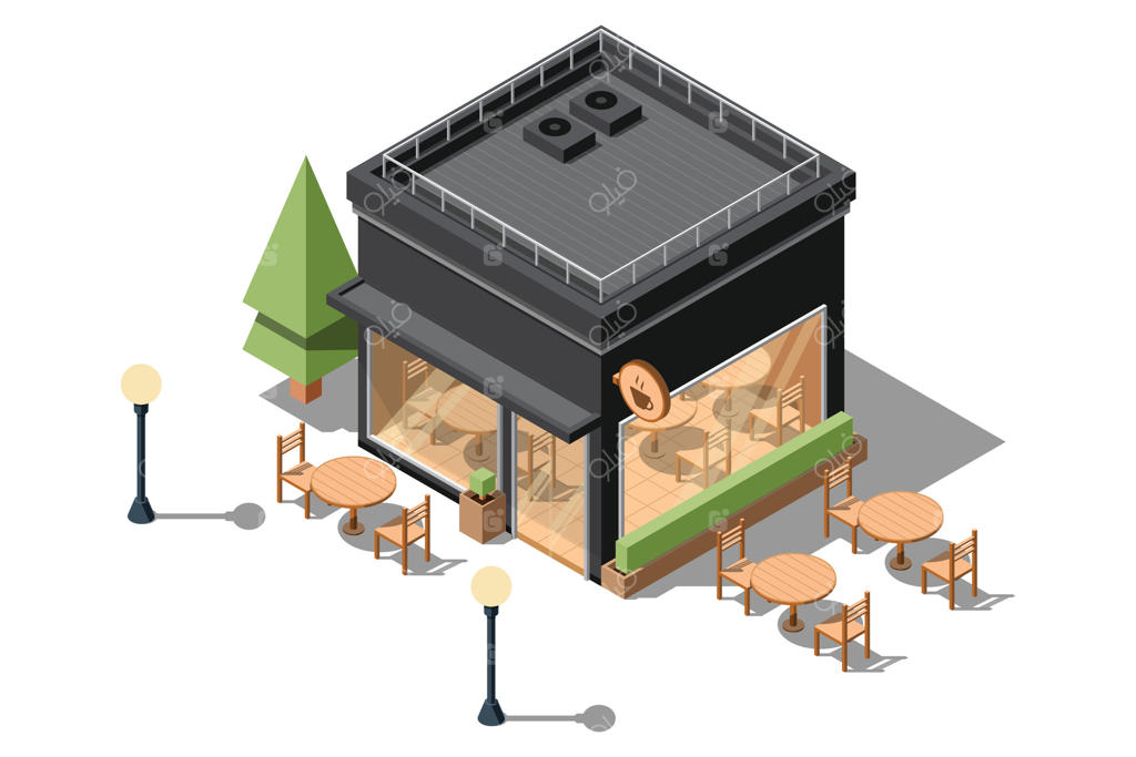 کافه ایزومتریک. ساختمان کافه ایزومتریک. نمای بیرونی کافه به سبک ایزومتریک.