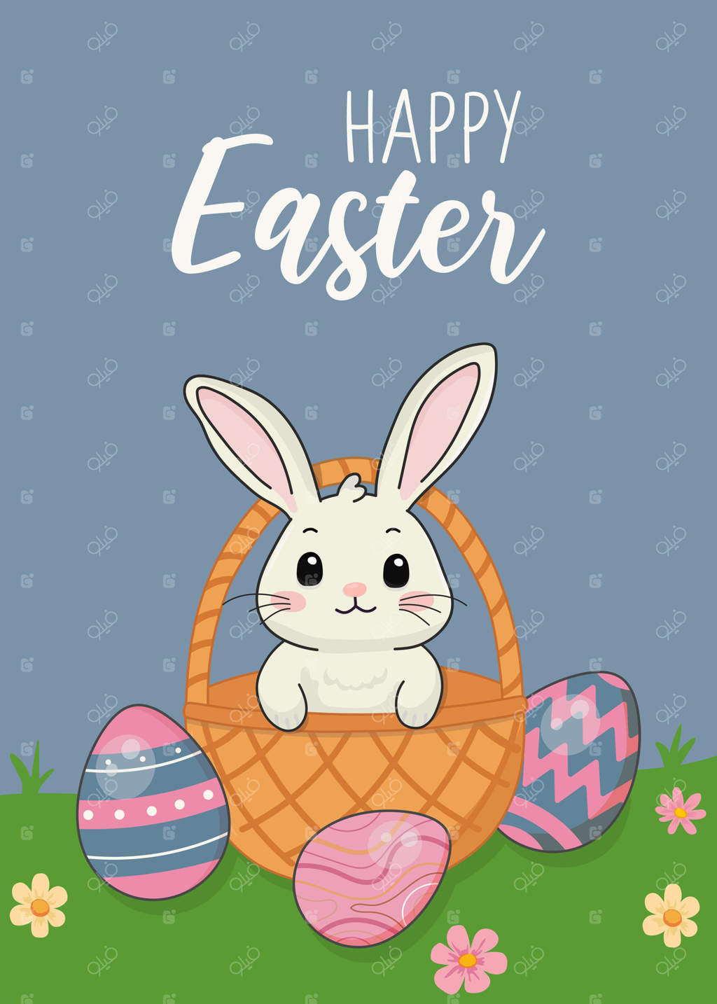 کارت تبریک با خرگوش بامزه داخل سبد تخم‌مرغ‌ها در باغ سرسبز: تبریک‌ و هدیه‌های عید پاک