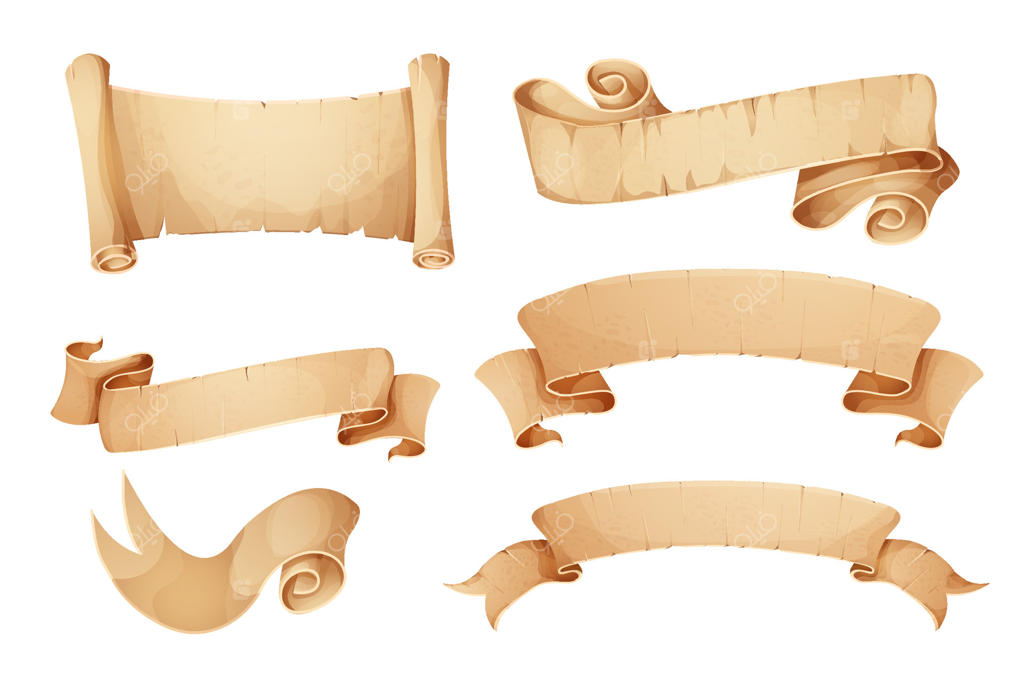 کاغذ پوستی طومار با روبان، بنر قدیمی بازی به سبک کارتونی بر روی پس‌زمینه سفید.