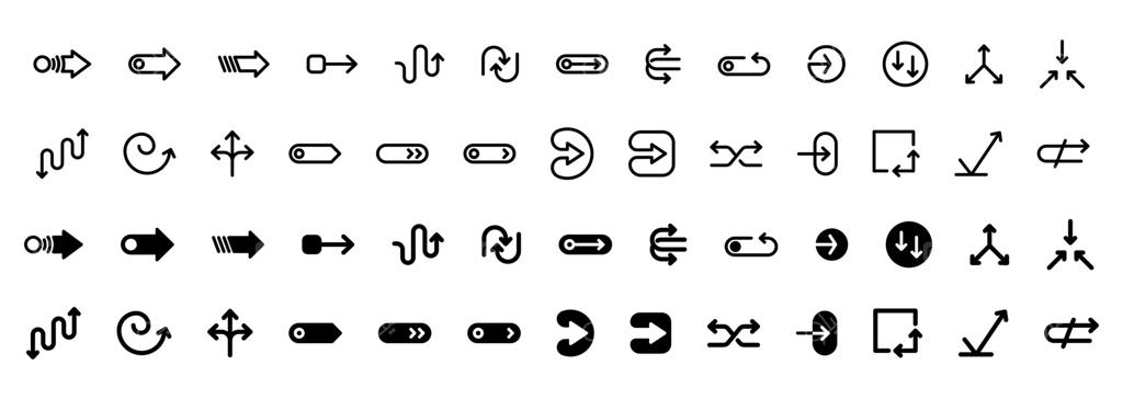 مجموعه آیکون فلش برای طراحی رابط کاربری شامل ورود، ورود به سیستم، اسلایدر و غیره. مفهوم فلش به صورت خطی و پرشده.