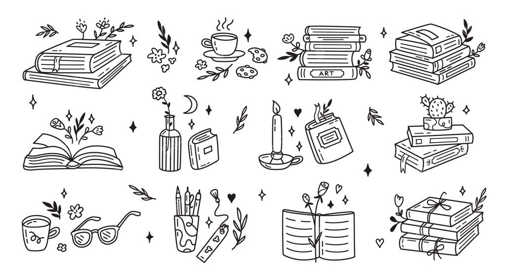 مجموعه وکتور کتاب‌های دست‌کشیده به سبک دوودل - کتاب‌ها با تزیینات گل‌دار و انبوهی از کتاب‌ها