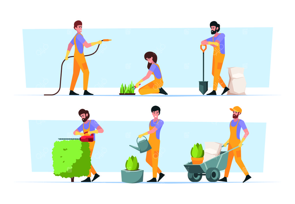 باغبانان شخصیت‌های کشاورزی رشد افراد گیاهان برداشت میوه و سبزیجات درخت مجموعه تصاویر گرافیکی وکتور تخت مجزا