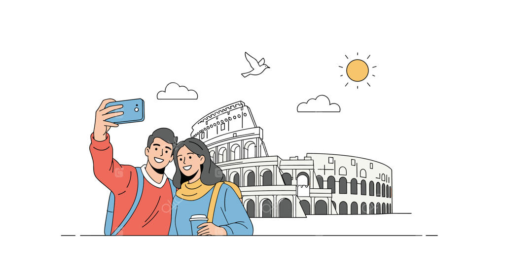 سلفی گرفتن زوج در حال لذت بردن از تعطیلات با پس‌زمینه بنای تاریخی
