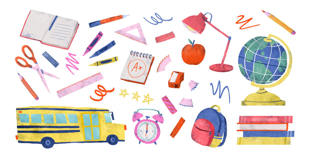 تصویرسازی رنگارنگ لوازم مدرسه و نوشت‌افزار شامل کره زمین، اتوبوس، کتاب، مداد، خط‌کش و چراغ مطالعه؛ مجموعه وکتور مناسب برای طرح‌های آموزشی