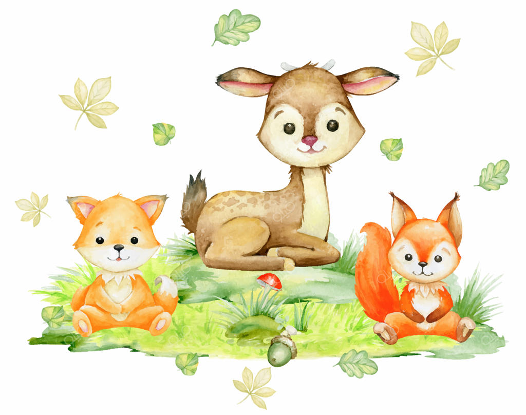 کلیپ آرت آبرنگی سنجاب، روباه، قارچ و برگ‌ها با پس‌زمینه‌ای جدا شده