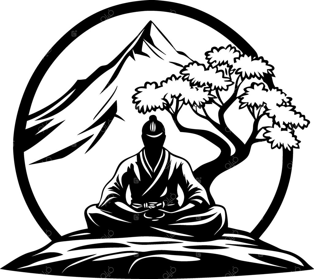 طرح ضد نور راهب در حال مدیتیشن با کوه و درخت، مناسب برای تتو و هنر معنوی