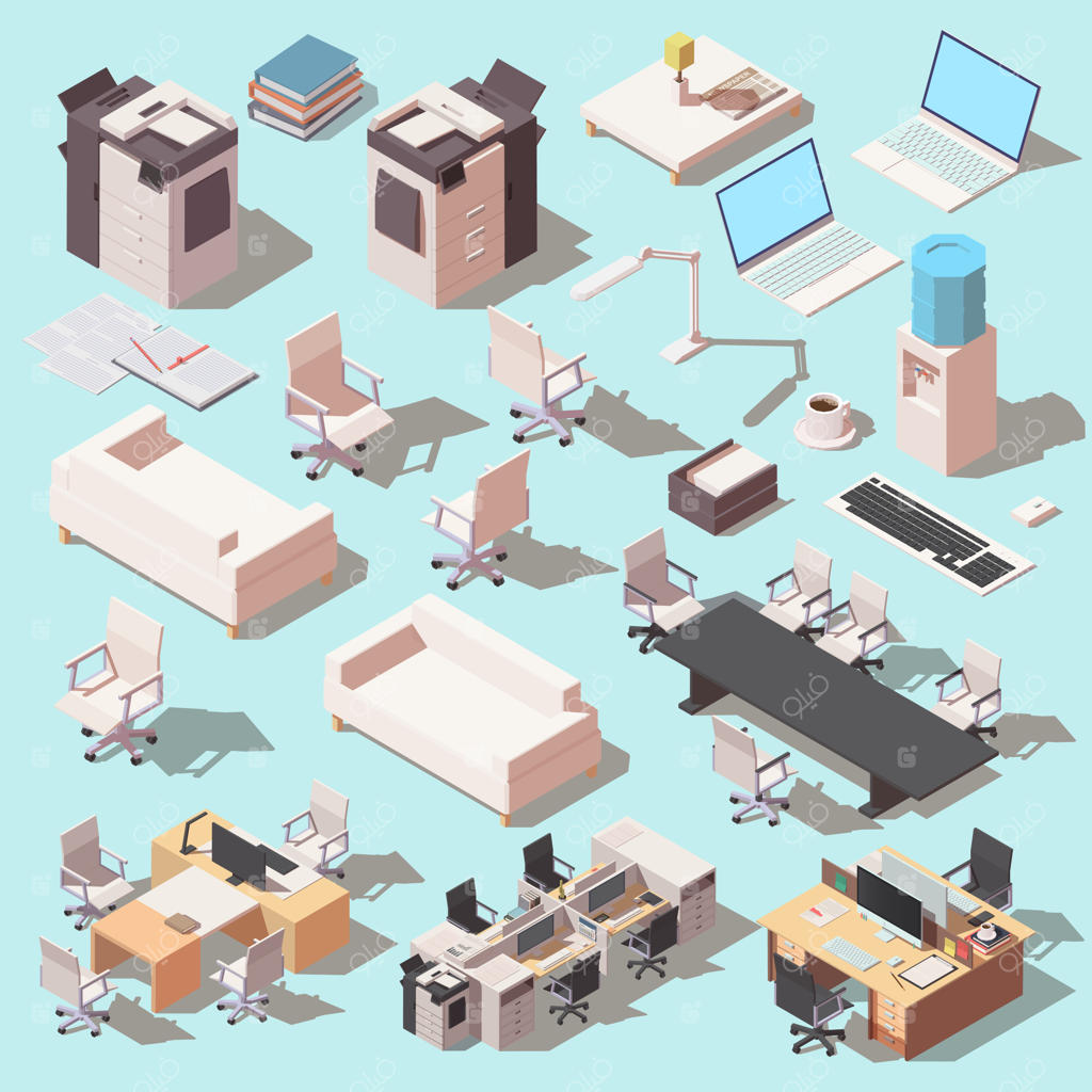 نمادهای ایزومتریک از تجهیزات و مبلمان اداری.