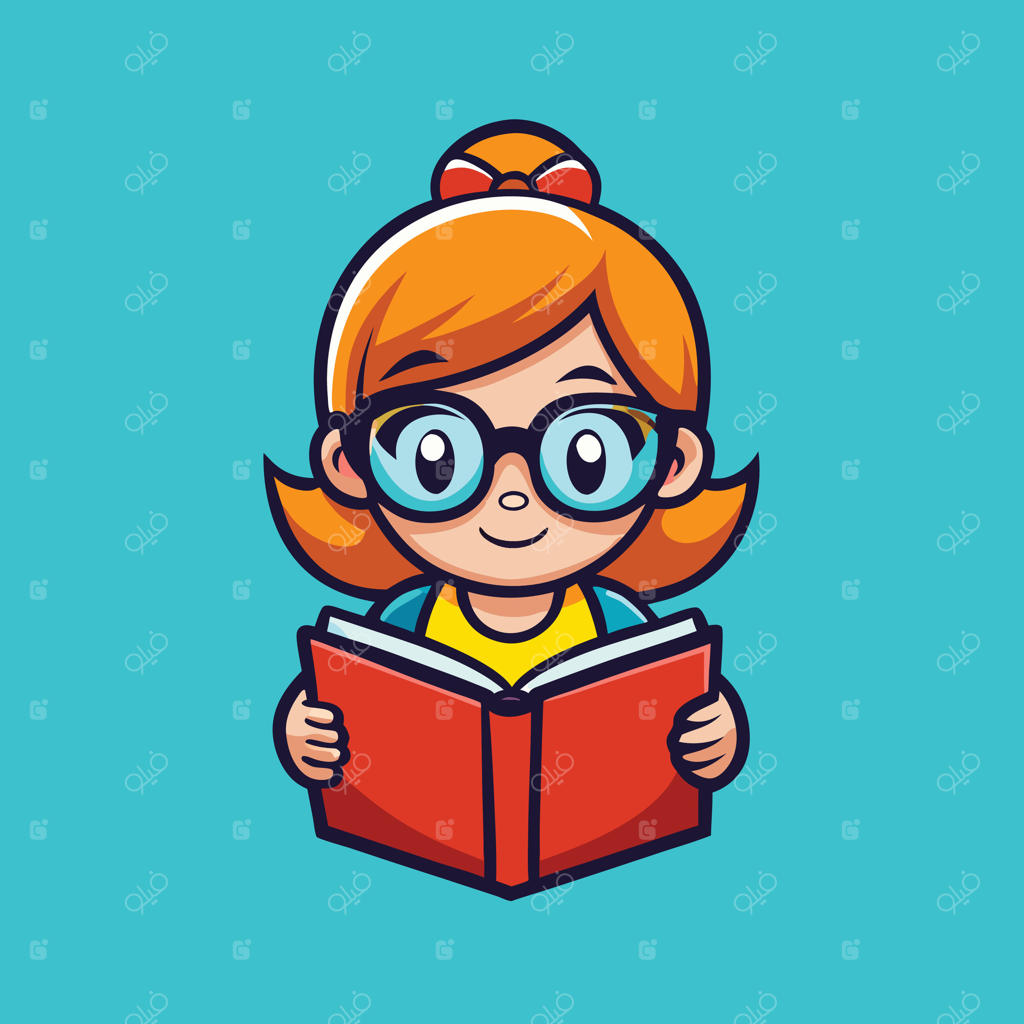 دختر کارتونی جذاب با عینک و کتاب قرمز در دست. شخصیت باهوش برای آموزش، مدرسه یا کتابخانه. آیکون تصویری.