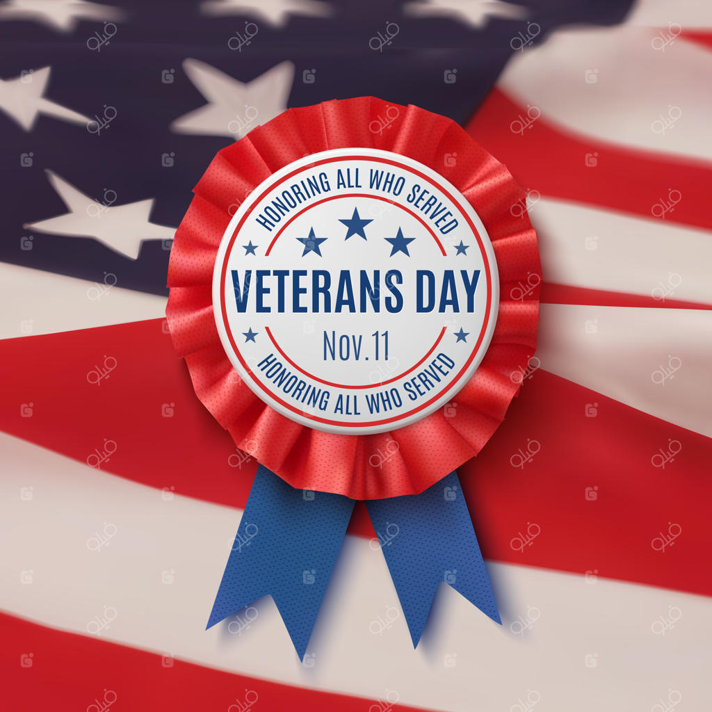 برچسب آبی و قرمز با روبان روی پس‌زمینه‌ پرچم آمریکا - پوستر