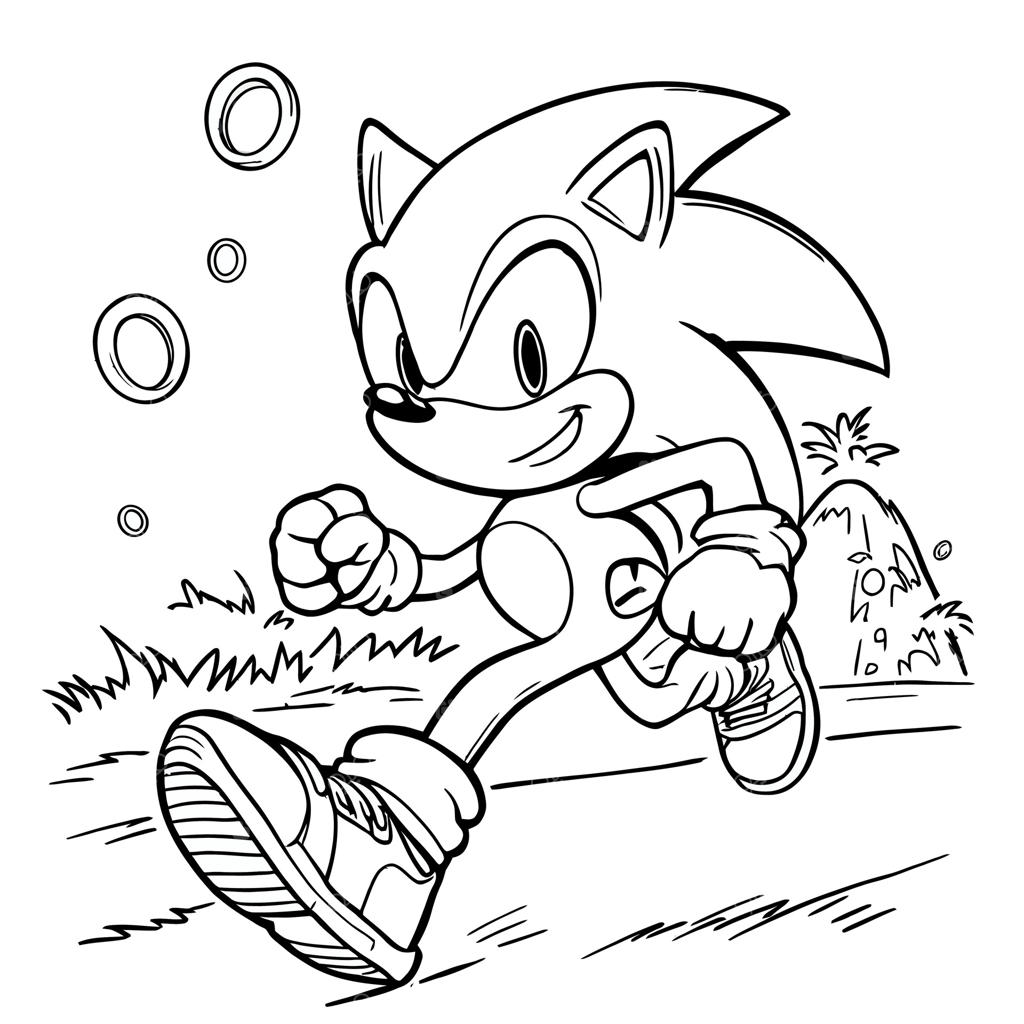 صفحه رنگ‌آمیزی جوجه‌تیغی سریع در حال دویدن و جمع‌آوری حلقه‌ها در یک مزرعه برای کودکان و بزرگسالان