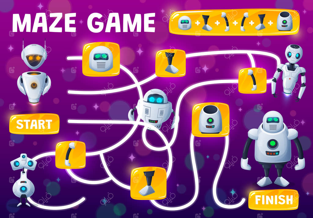 بازی مارپیچی برای کودکان، ربات‌سازی از قطعات یدکی، معمای رومیزی. قطعات ربات اندروید را پیدا و تطبیق دهید، رباتیک یا چت‌بات‌های سایبری و یا سایبورگ‌های کارتونی و موجودات فضایی.