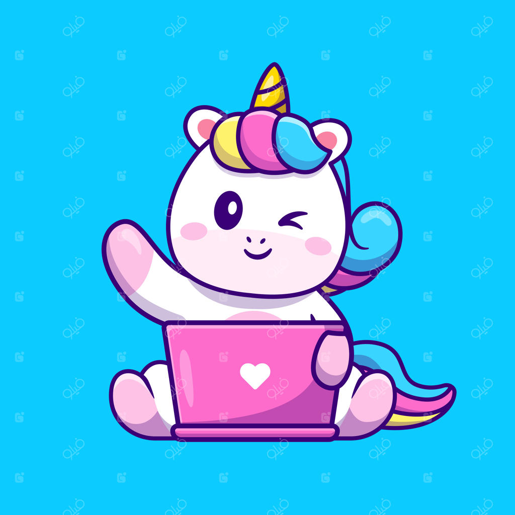 آیکون وکتور کارتونی تک‌شاخ بامزه در حال کار با لپ‌تاپ. مفهوم آیکون فناوری حیوانات. وکتور پریمیوم و سبک کارتونی تخت