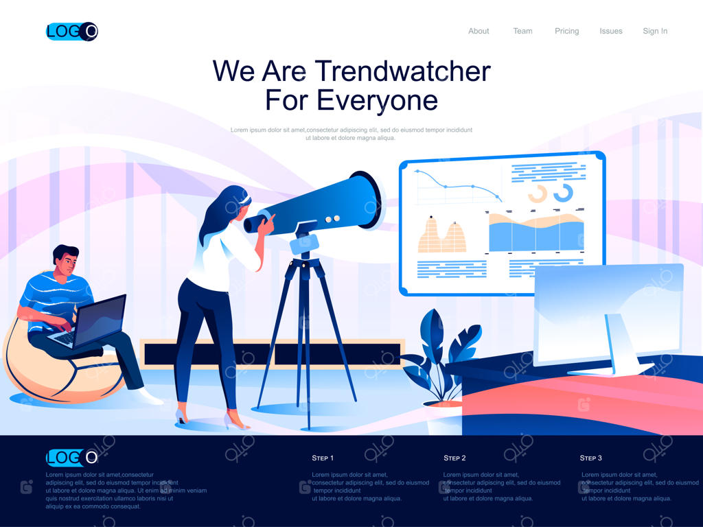 صفحه فرود ایزومتریک Trendwatcher با شخصیت‌های فلت و مدرن