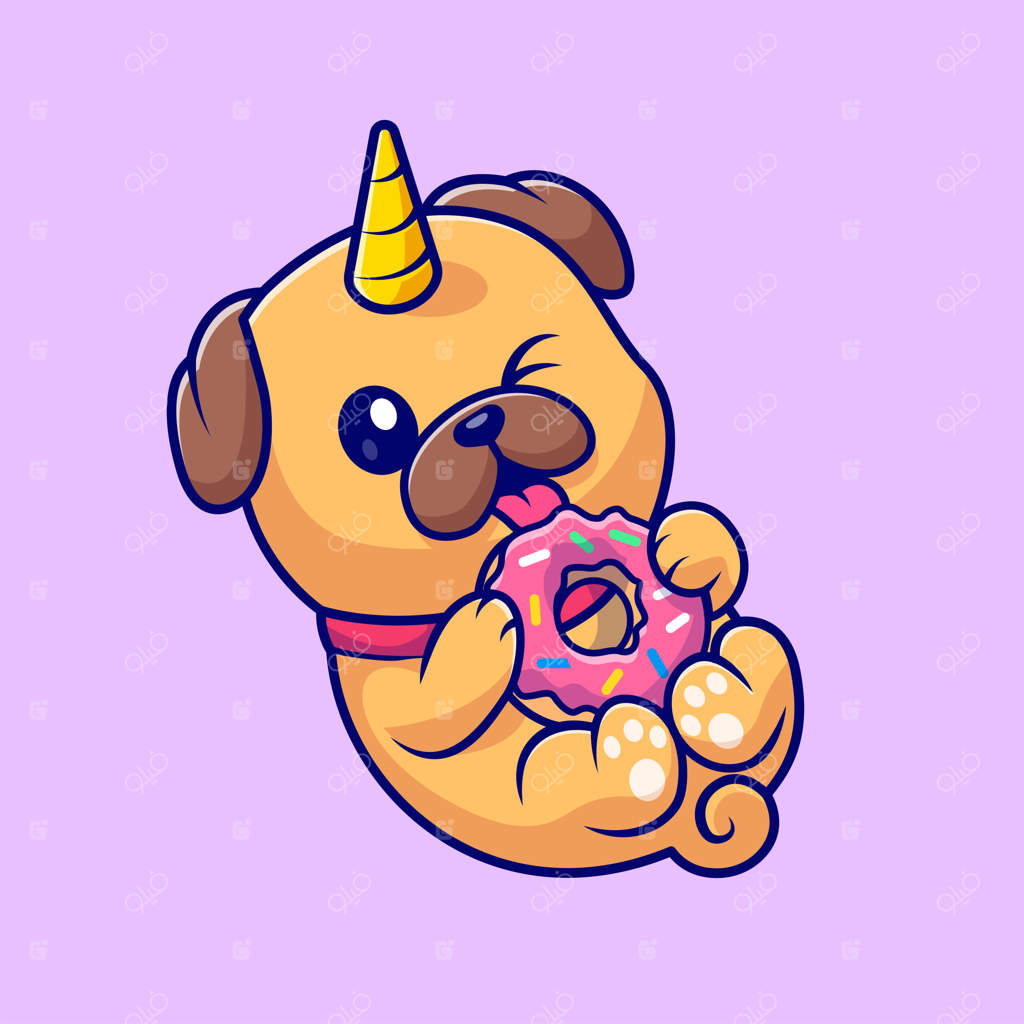 تصویر وکتور کارتونی سگ پاگ بامزه تک‌شاخ در حال خوردن دونات. نماد غذا حیوانات به صورت تخت و جدا شده از پس‌زمینه