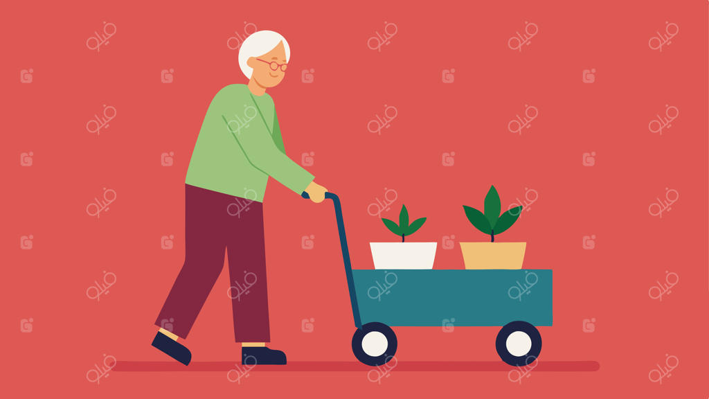 جعبه‌های کاشت گیاه چرخدار باغبان سالمند از جعبه‌های کاشت چرخدار برای جابجایی آسان گلدان‌ها در باغچه استفاده می‌کند و به تحرک و سهولت باغبانی اشاره دارد.