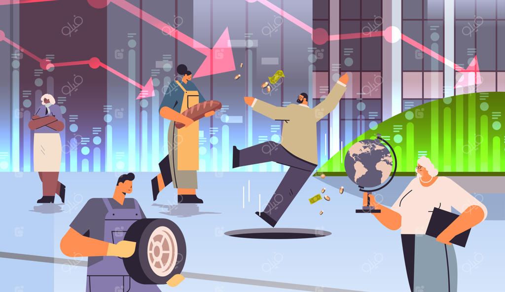 مفهوم فروپاشی اقتصاد: مردم با شغل‌های گوناگون به درون چاه‌ها سقوط می‌کنند - بحران مالی جهانی و ورشکستگی