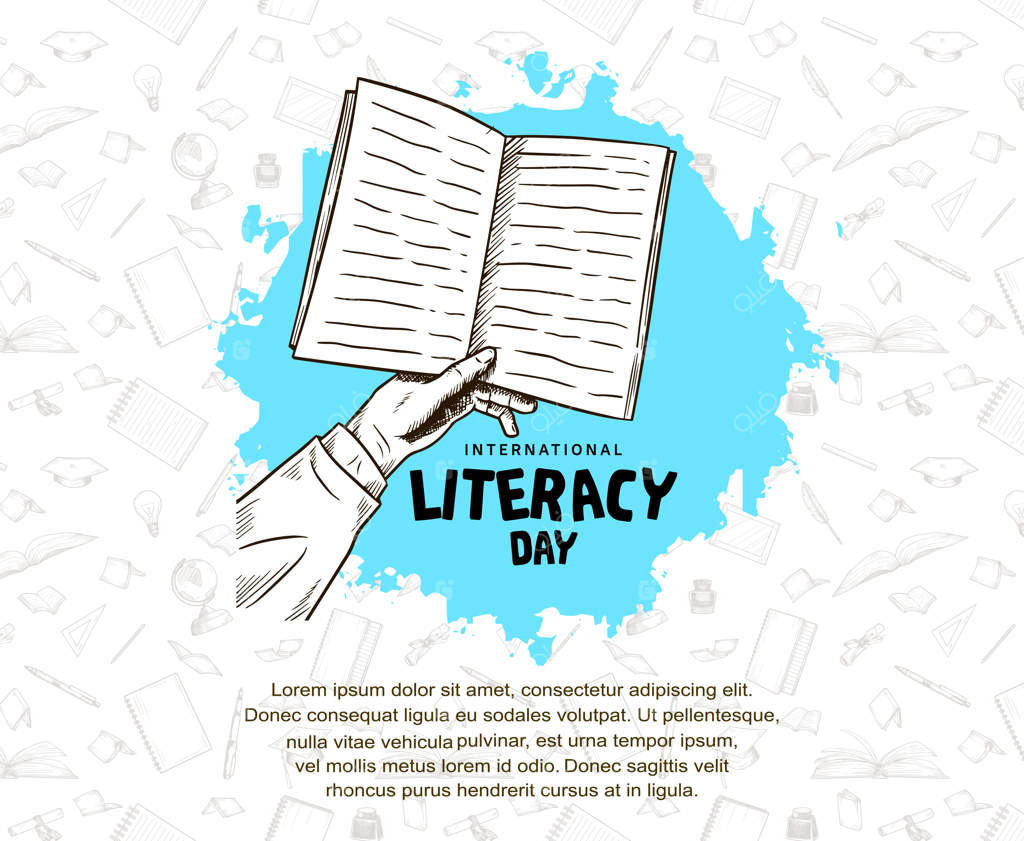 روز جهانی سوادآموزی با دست نگه‌دارنده کتاب، قلم‌موی آبی بر روی زمینه سفید