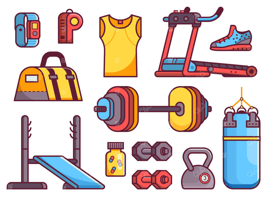 مجموعه آیکن‌های باشگاه و تناسب اندام با عناصر بدنسازی، تمرینات قدرتی و دویدن: آیکن‌های تجهیزات ورزشی در طراحی مسطح شامل تردمیل، کیسه بوکس، کتل‌بل و لوازم جانبی دیگر