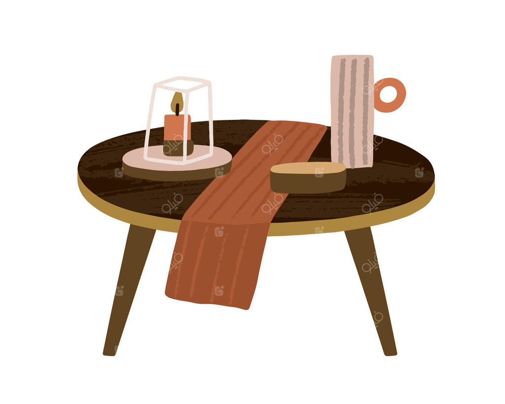 میز قهوه‌خوری گرد و چوبی کوچک با شمع و فنجان برای طراحی داخلی دنج خانه. مبلمان چوبی شیک و مد روز برای اتاق نشیمن به سبک اسکاندیناوی.