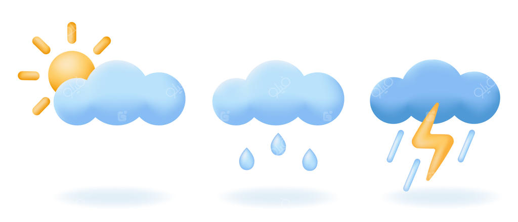 آب و هوا به صورت سه‌بعدی: خورشید، ابر، باران، رعد و برق، و طوفان