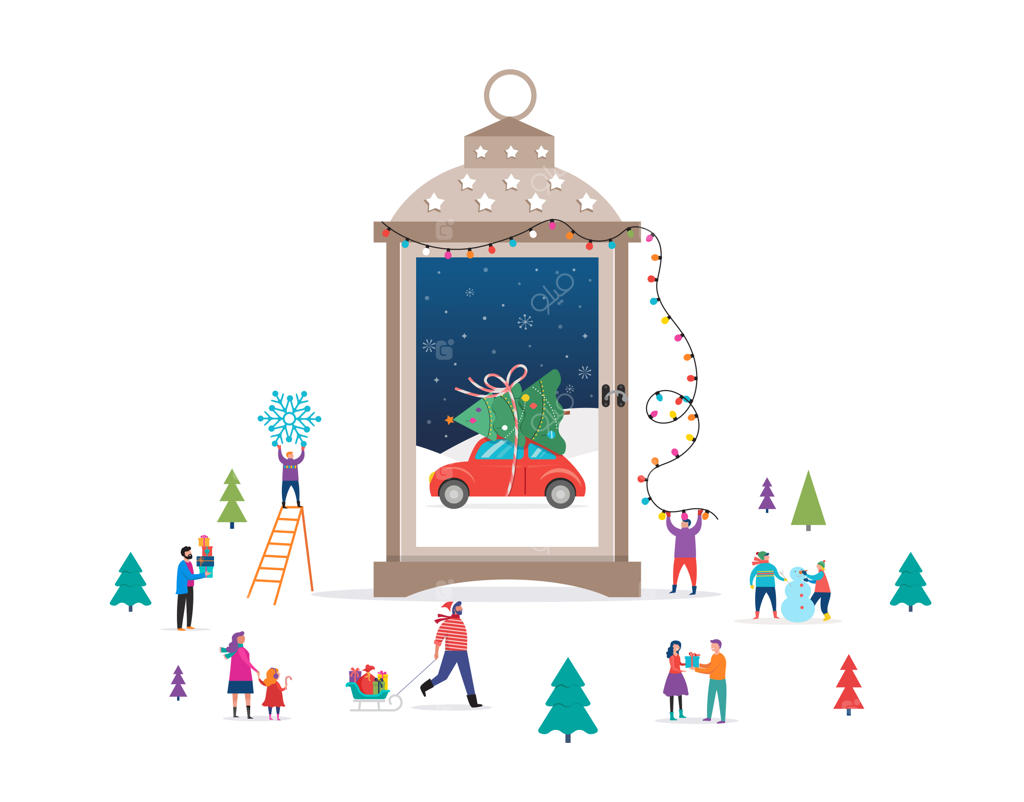 پس‌زمینه کریسمس شاد: صحنه زمستانی در گوی برفی، فانوس شمعی و مردم کوچک، جوانان و خانواده‌ها سرگرم در برف