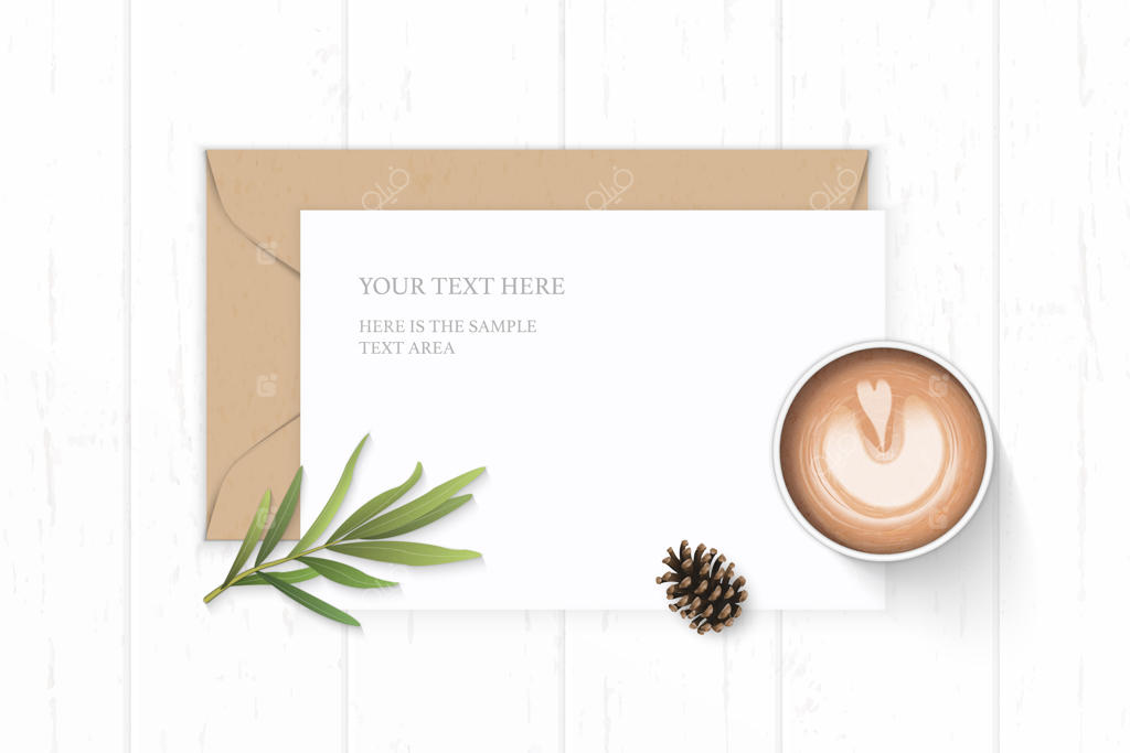 کاغذ سفید با قهوه و برگ ترخون روی زمینه چوبی