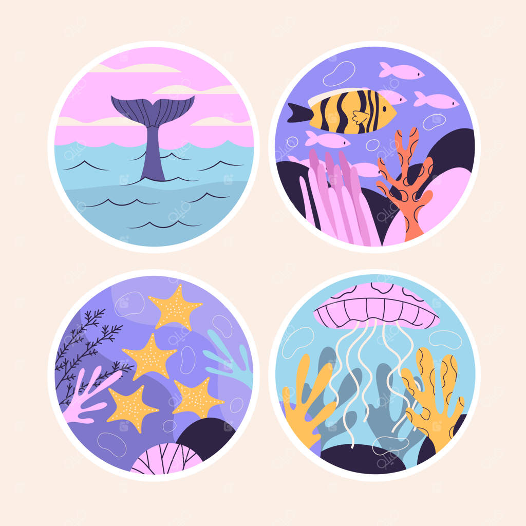 مجموعه برچسب‌های حیوانات ساده دریا