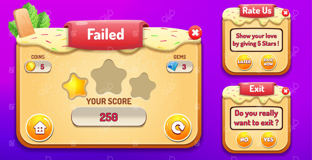 ‏مرحله شکست خورد، منو خروج و امتیازدهی ظاهر می‌شود با ستاره‌ها و دکمه‌ها