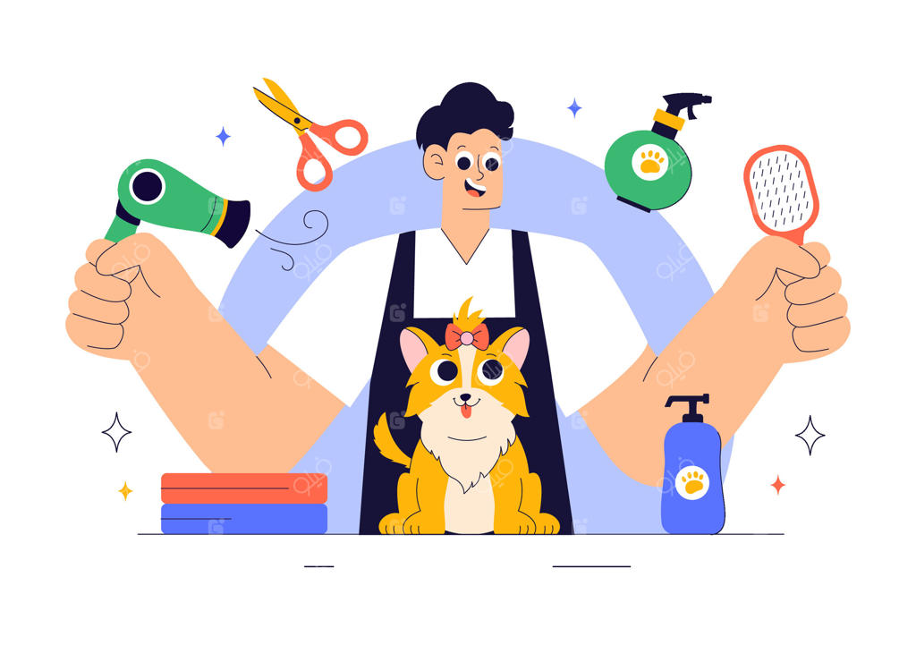 صحنه شست‌وشو و آرایش حیوانات خانگی در پس‌زمینه ای رنگارنگ و تخت