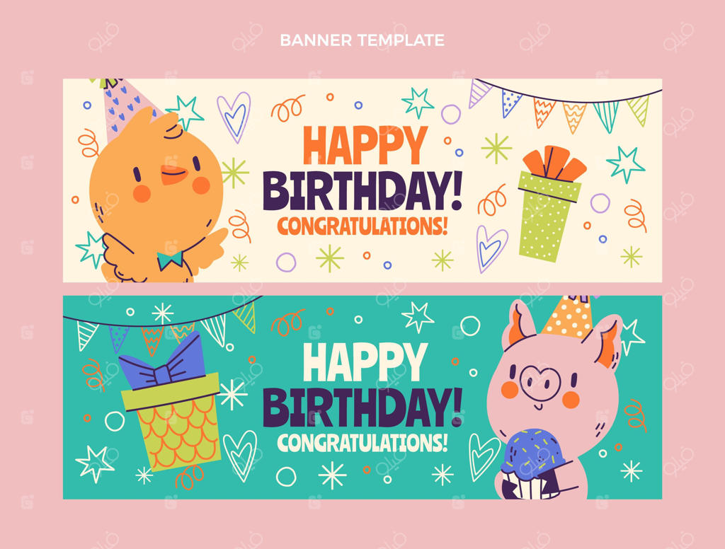 بنرهای افقی تولد با طراحی کودکانه دستی