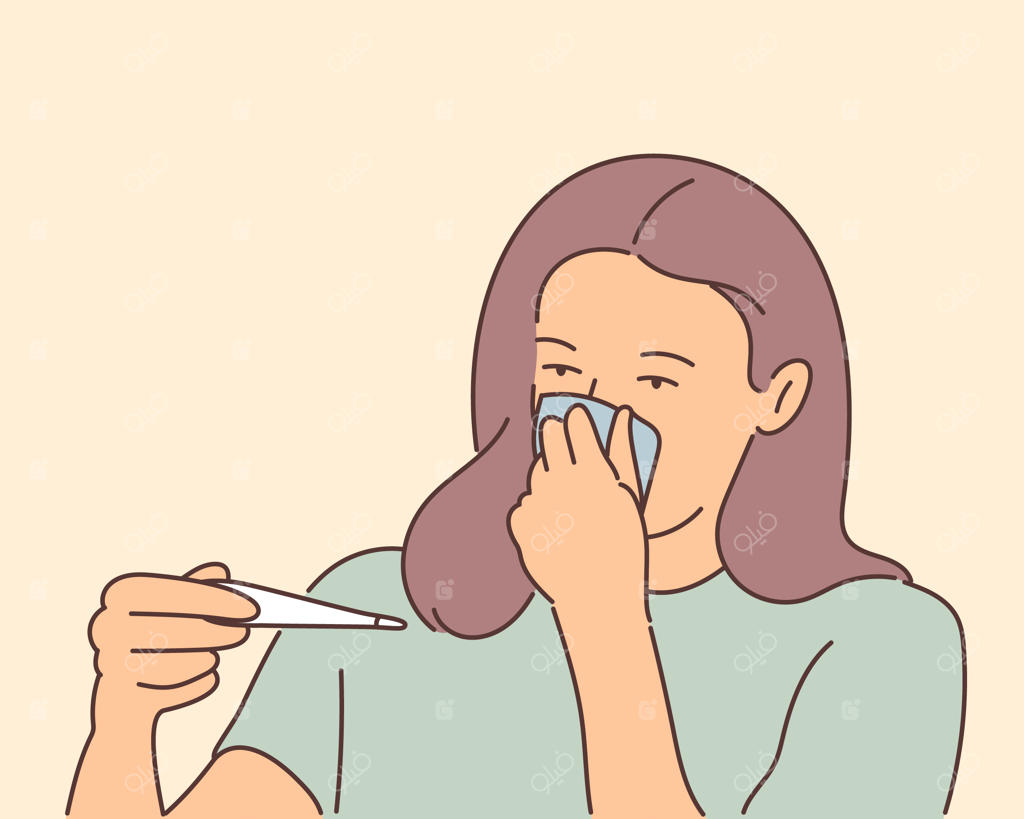 سلامتی و مراقبت: دختر جوانی که بیمار و غمگین است و دمای بدنش را اندازه‌گیری می‌کند.