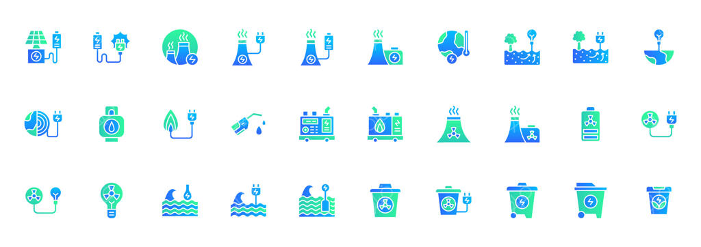 مجموعه آیکون انرژی‌های تجدیدپذیر و نیرو: انرژی خورشیدی، نیروگاه هسته‌ای، صنایع نیروگاهی، انرژی موج، انرژی زمین‌گرمایی و ژنراتور برقی قابل‌حمل. آیکون‌ها با مفهوم گرادیان رنگی.