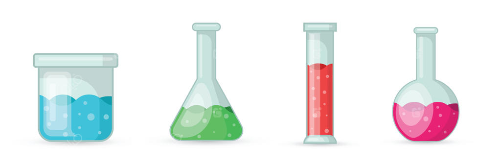 مجموعه آیکون بطری آزمایشگاهی به سبک تخت. تصویر تجهیزات شیشه‌ای آزمایشگاه بر روی زمینه‌ای جدا. مفهوم تجاری نشانه لوله آزمایش.