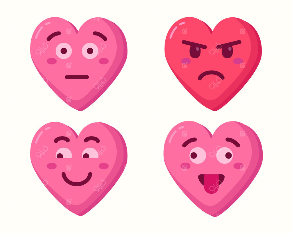 مجموعه‌ای از قلب‌های کارتونی صورتی بامزه با حالت‌های مختلف
