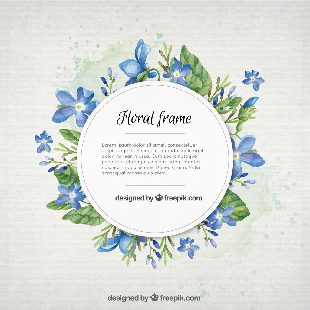 قاب گل‌های آبی آبرنگی با برگ‌ها