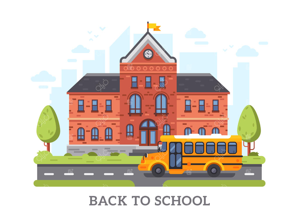 پوستر کارتونی بازگشت به دبیرستان با ساختمان‌های آکادمی، کالج و دانشگاه