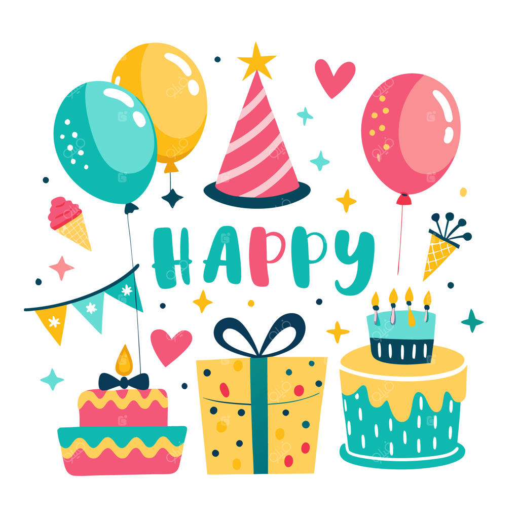 المان‌های رنگارنگ جشن تولد با بادکنک، کیک و هدیه