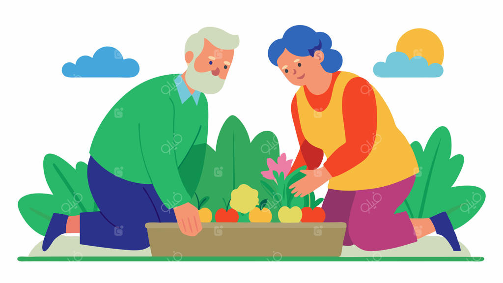 باغ‌های مرتفع: تصویر یک زوج سالمند که در کنار یک باغچه مرتفع پر از گل‌ها و سبزیجات رنگارنگ زانو زده‌اند و نشان می‌دهند که چگونه می‌توان با باغبانی در ارتفاع لذت برد.