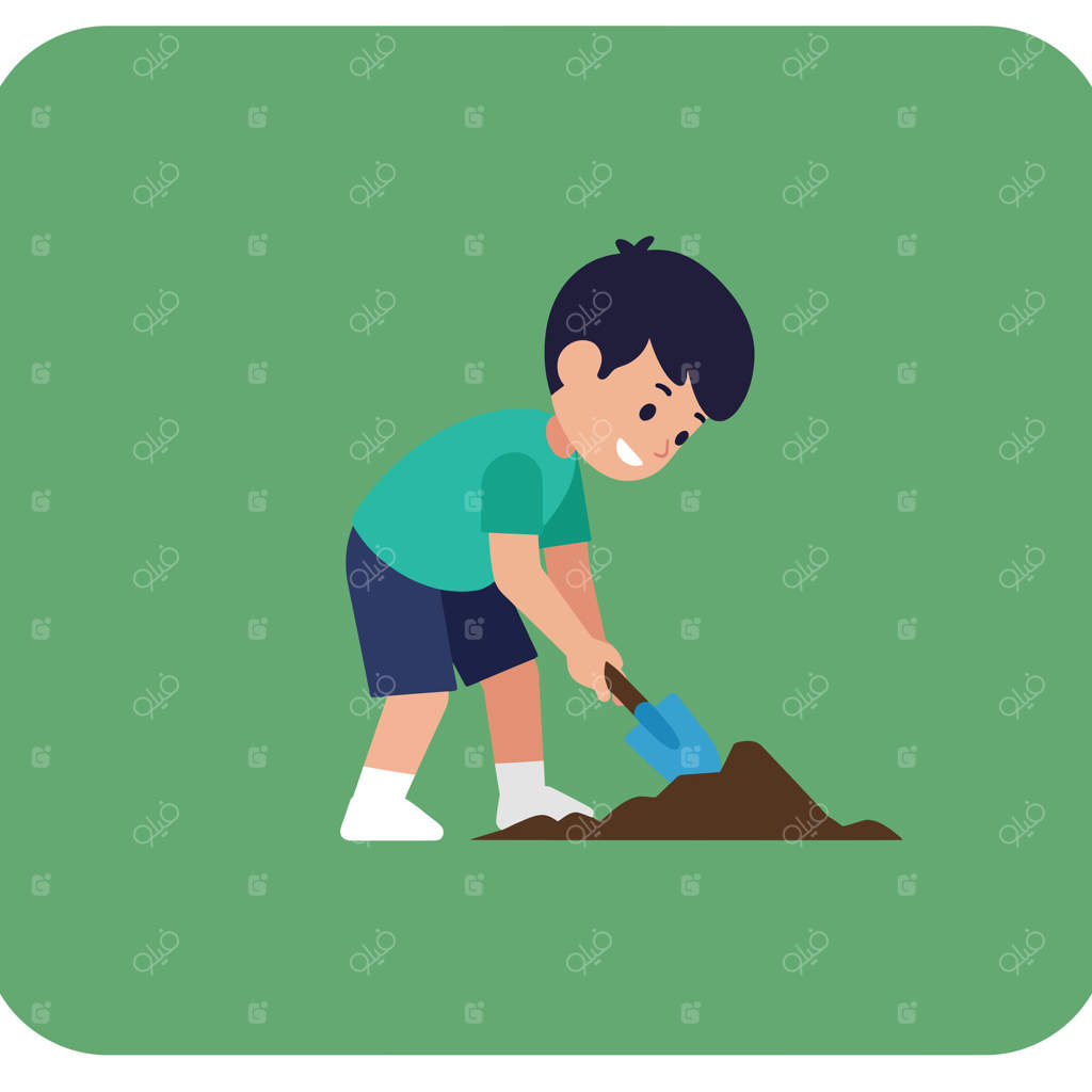 پسر بچه‌ای در حال کندن خاک باغچه با بیلچه در پس‌زمینه‌ای سبز (تصویرسازی)