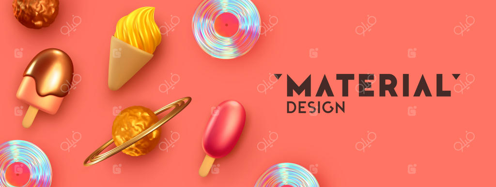 بنر افقی صورتی، هدر برای شبکه‌های اجتماعی و وبسایت. طراحی سه‌بعدی و واقع‌گرایانه اشیاء. قالب پوستر، پس‌زمینه تابستانی با بستنی. تصویرسازی وکتور