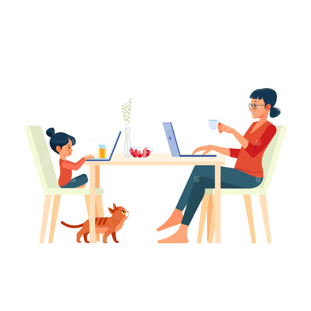 مادر و دختر خانواده در خانه پشت میز نشسته و با کامپیوتر کار می‌کنند