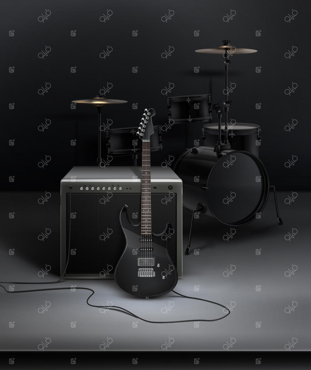 گیتار الکتریک سیاه واقعی متصل به دینامیک با درامز در استودیو