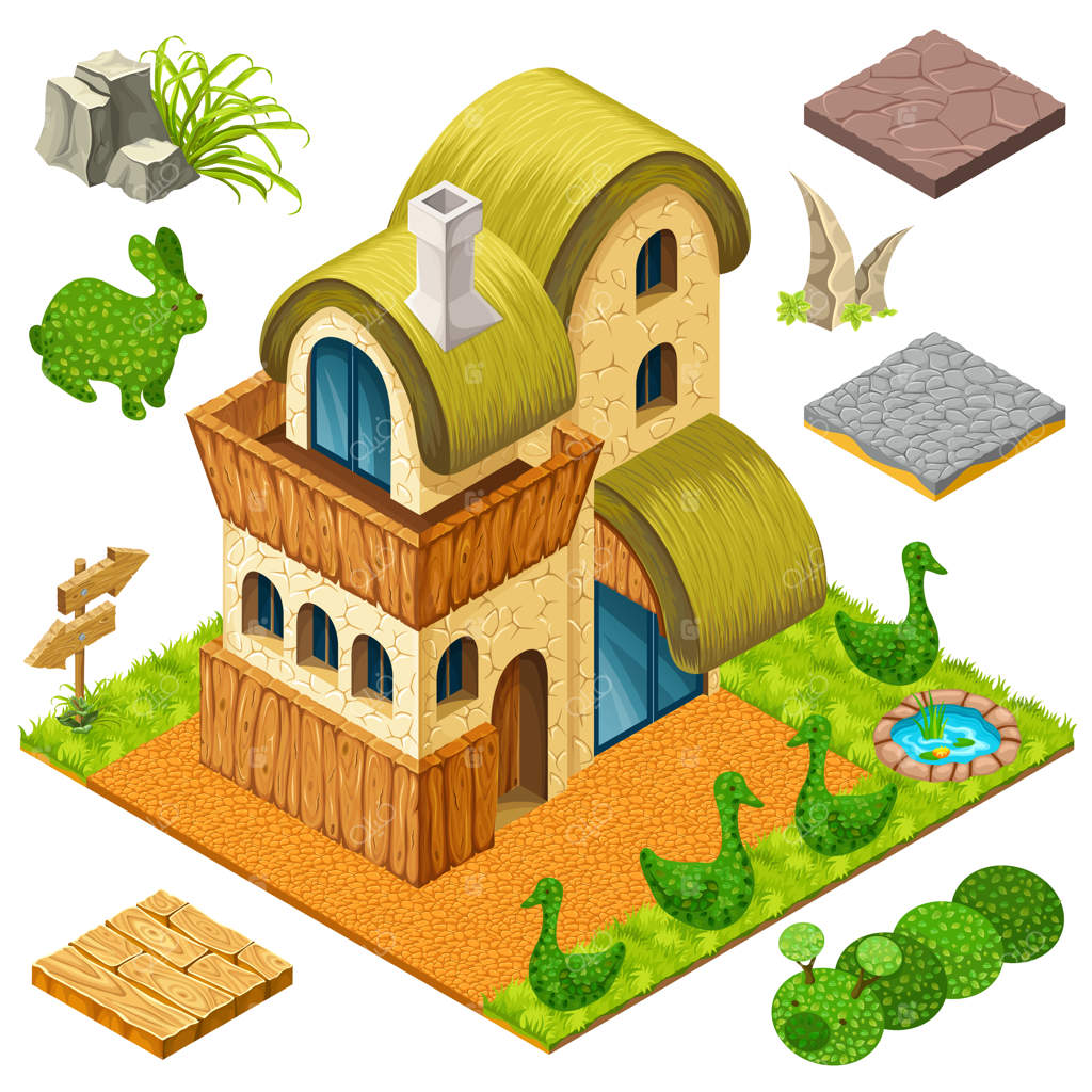 کلبه ایزومتریک و بوته‌هایی به شکل حیوانات