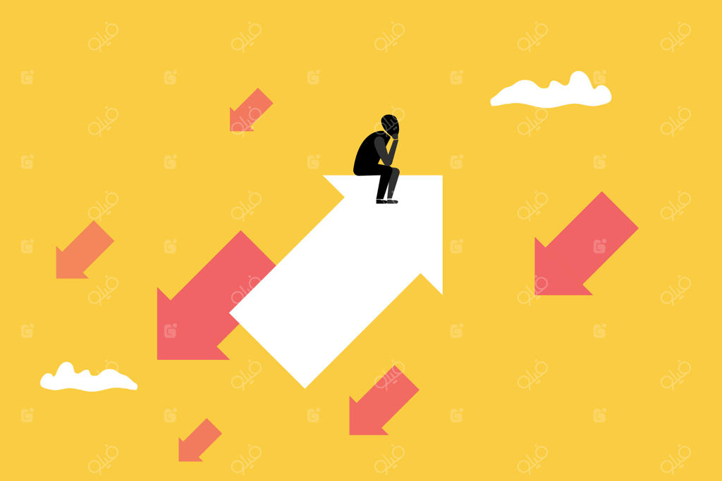 مرد تاجر نشسته بر روی فلش. مفهوم بازار گاوی و رشد مثبت کسب و کار، جاه‌طلبی و بازار سهام.