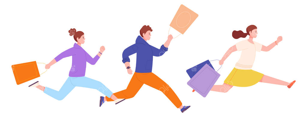 افرادی که با کیسه‌های خرید در حال دویدن‌اند برای حراج عجله دارند