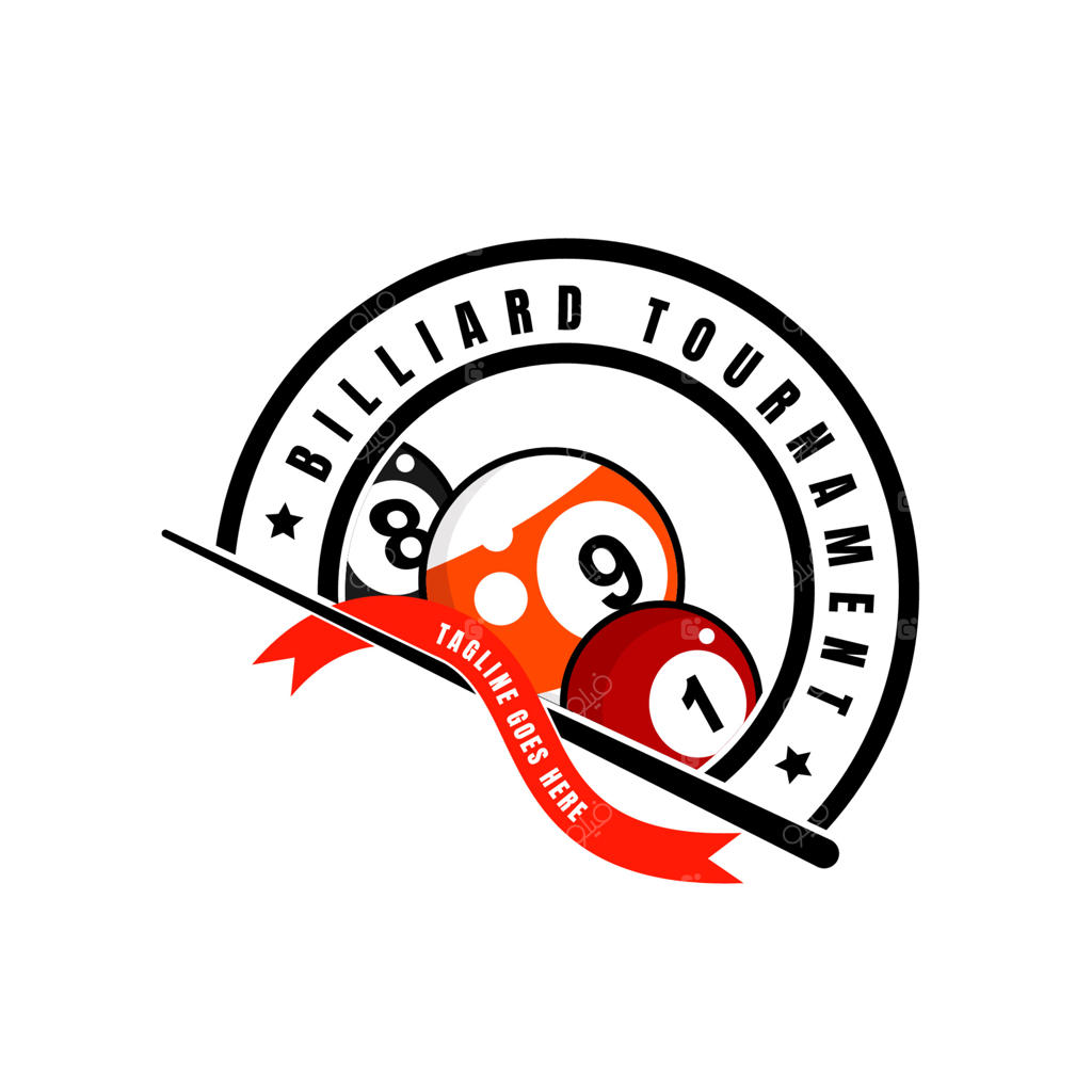 طرح لوگوی ساده بیلیارد با توپ‌ها و چوب‌های بیلیارد، طراحی برای کسب‌وکار بیلیارد.