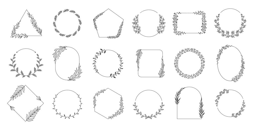 عناصر تزیینی قاب گلدار و مرز برگی گرد و مربعی برای کارت دعوت عروسی - مجموعه تاج گل ساده و شیک وکتوری